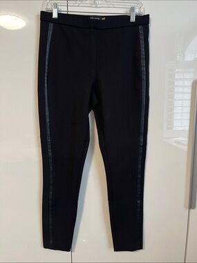 Ivanka Trump Dressy Black Leggings with Leather Side Stripes, Size M